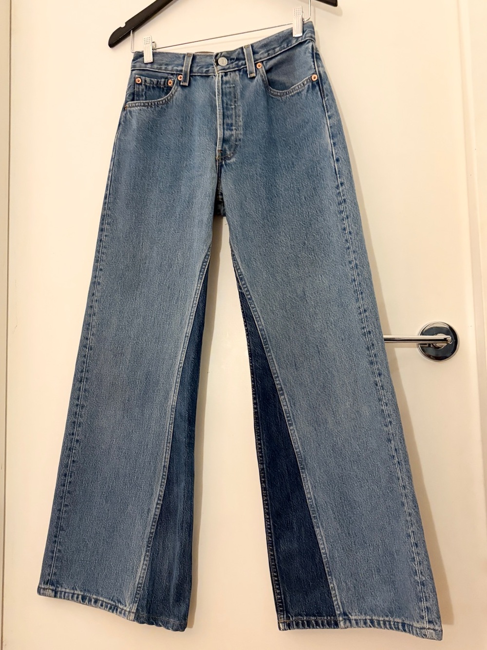B SIDES Re-worked wide leg reconstructed Levi’s denim two tone jeans women’s